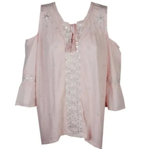 Style & Co Peasant Cold Shoulder Top - Pink with Silver and White Accents - Picture 2 of 11
